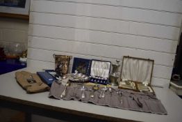 Mixed Lot: Various silver plated cutlery, pewter jug, small ice bucket and other assorted items