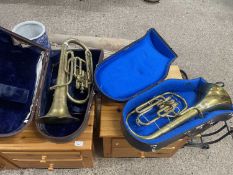 Two vintage brass horns or euphoniums in cases