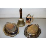 Two silver plated serving dishes together with a vintage brass hand bell and a German beer stein