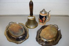 Two silver plated serving dishes together with a vintage brass hand bell and a German beer stein