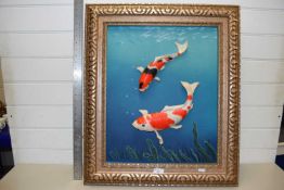 Modern three dimensional composition picture, a pair of Koi Carp, set in a bronzed finished frame