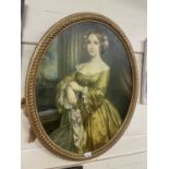 Oval over painted print of a lady in 19th Century dress, with gilt frame