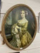 Oval over painted print of a lady in 19th Century dress, with gilt frame