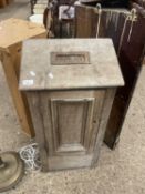 Vintage oak letter box with panelled door, very worn condition, 42cm wide