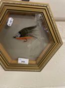 Peacock streamer fishing fly in hexagonal frame, glazed with modern gilt frame