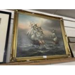 French Sea Fight, oil on canvas in reproduction gilt frame