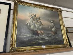 French Sea Fight, oil on canvas in reproduction gilt frame