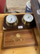 Comitti of London modern ships style barometer and wall clock together with a small inlaid wooden