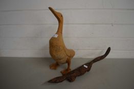 Modern wooden model duck and a further model lizard (2)