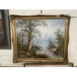 Landscape with river and trees, oil on canvas in modern gilt frame