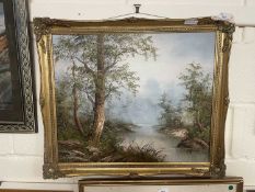 Landscape with river and trees, oil on canvas in modern gilt frame