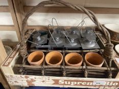 Box of modern metal framed candle lanterns, flower pots etc