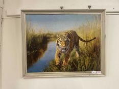 Coloured print on board, a tiger