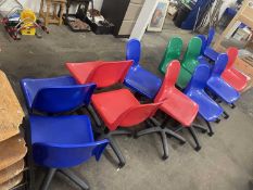 Fourteen various plastic revolving desk chairs