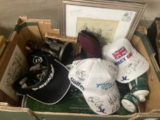 Golfing interest - box of various signed modern golf caps, a St Andrews golf tray, various prints,