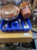 A canteen of flatware together with other loose flatware and stoneware pottery