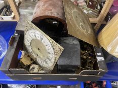 Box of various mantel clock movements, clock cases, brass long case clock faces etc