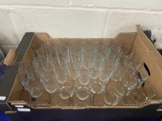 A box of mixed high ball and tumbler glass ware