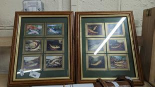 Two groups of Ensign fishing tackle cards, framed