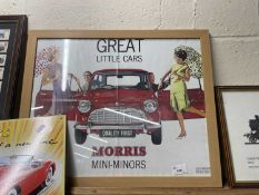 An advertising print for Morris Mini Minor, framed and glazed