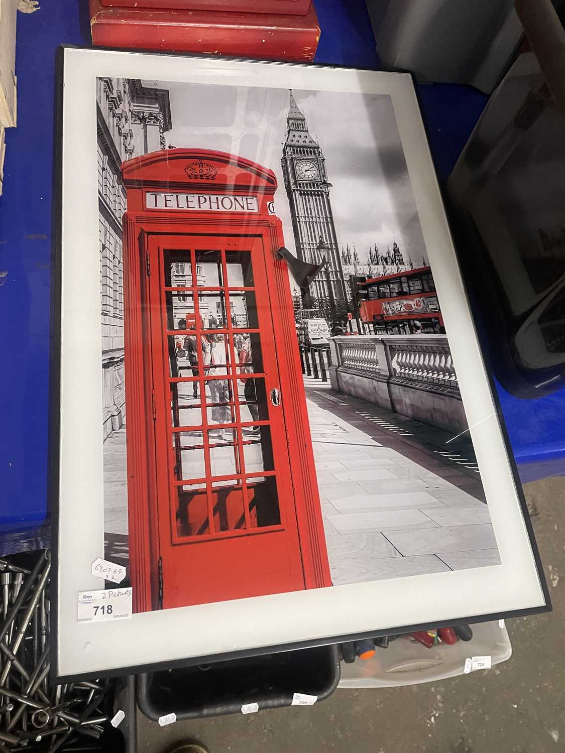 Coloured print, London scene with red telephone box together with further fabric screen print,
