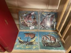 Set of four modern tiles decorated with tall ships