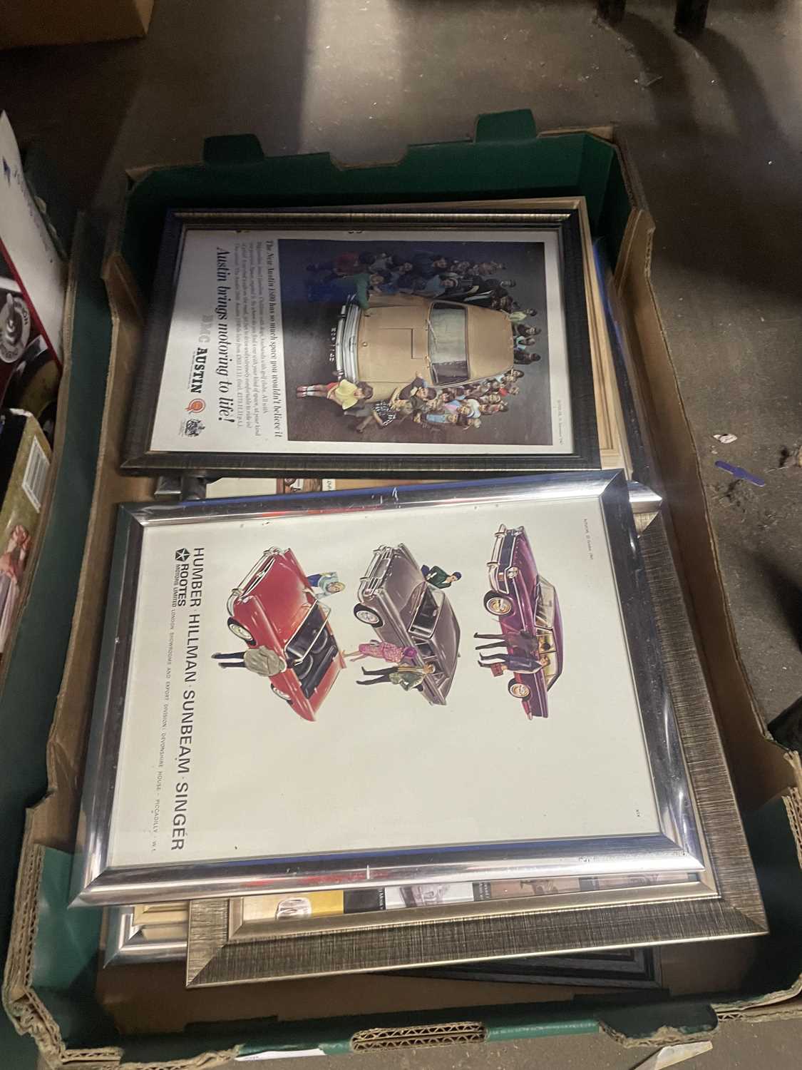 One box of framed automobile prints