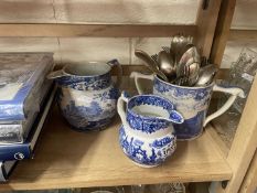 Two blue and white jugs and a blue and white mug decorated with scenes of Taunton plus a quantity of