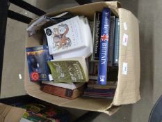 A box of mixed books including hardback reference and general paperback