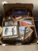 Box of various framed automobilia prints