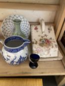 A Willow pattern jug, a transfer decorated cheese dish and other ceramics