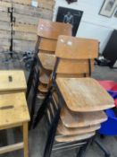 Eight various plywood metal framed and stacking chairs