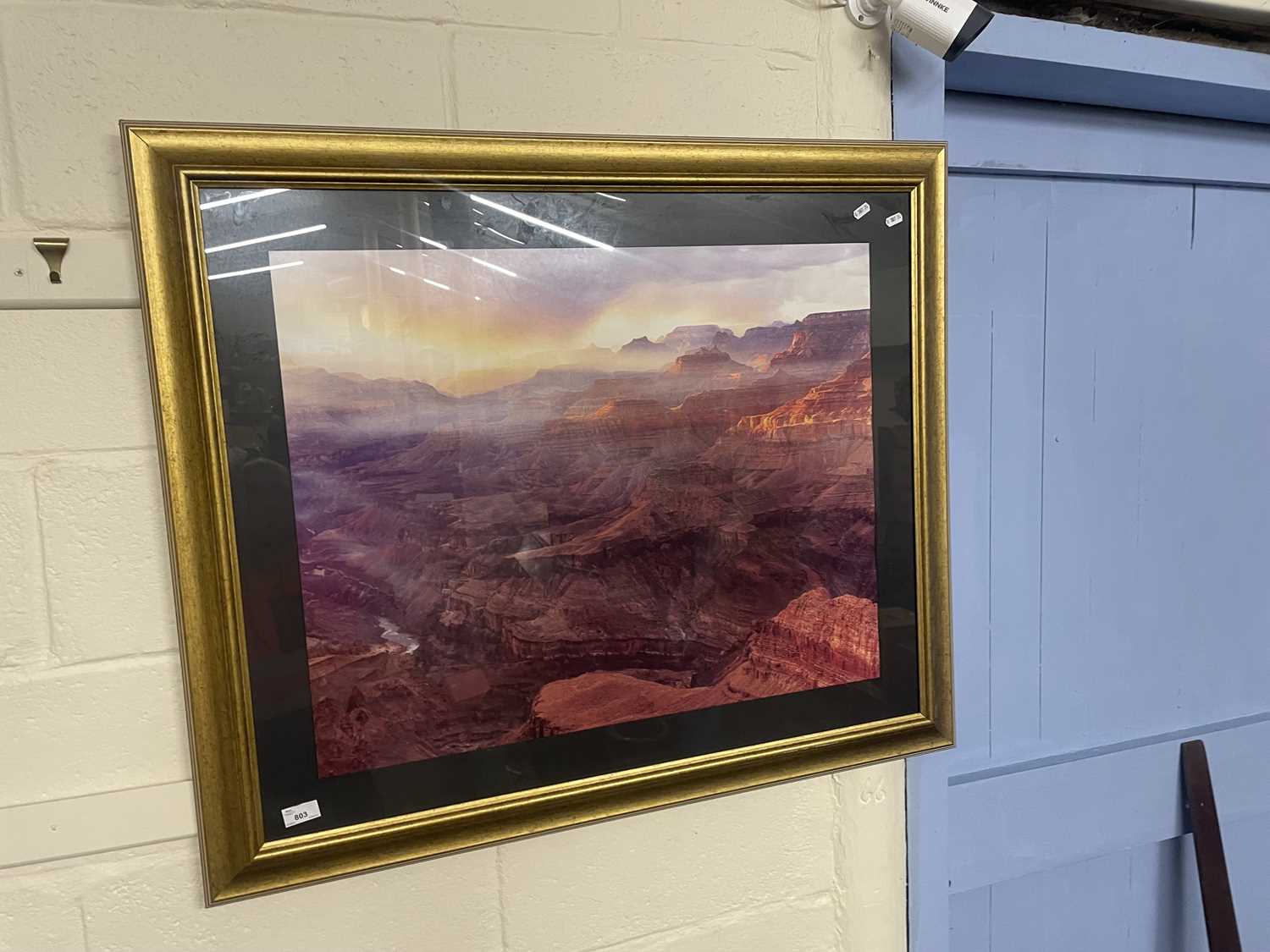 Large coloured print mountain gorge scene, gilt framed