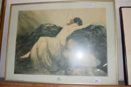 Reproduction print of smoke by Louis Icart, framed and glazed