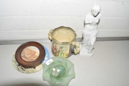Mixed Lot: Royal Doulton Huntsman jug, a Pratt ware pot lid in wooden frame, a glass frog shaped