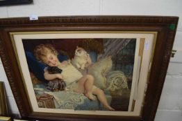 Reproduction print, Playmates by E Munier in carved oak frame