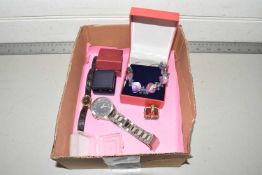 Box of various costume jewellery, wristwatches etc