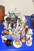 Large Mixed Lot: Various assorted ornaments, small mantel clock, tea cups and saucers, meat plate,