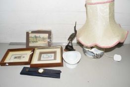 Mixed Lot: Table lamp, various small framed pictures, model heron and other assorted items