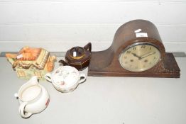 Mixed Lot: An oak cased mantel clock together with cottage ware teapot and other items