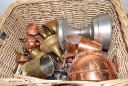 Basket of various assorted copper and brass wares