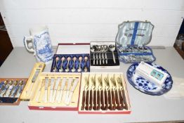 Mixed Lot: Various cased cutlery, blue and white jug, bowl etc