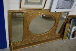 19th Century three panelled over mantel mirror in foliate moulded frame with later gilt painting