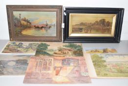 Mixed Lot: Oil on canvas study riverside scene plus various loose watercolours