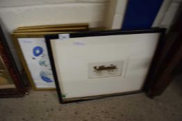 Framed print of a horseless carriage together with three botanical illustrations