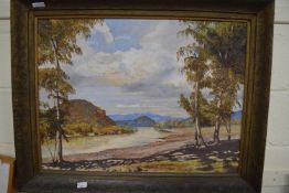 Large landscape of a river in mottled gilt frame, oil on canvas