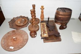 Mixed Lot: Various wooden wares to include barley twist candlesticks, spirit barrel and other