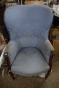 Late 19th or early 20th Century blue upholstered armchair with carved scroll end arms, 113cm high