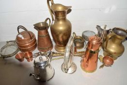 Mixed Lot: Various metal wares to include brass jugs, toasting fork, silver plated tea wares and