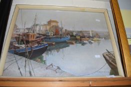 Reproduction print of boats in a harbour by Vernon Ward, framed and glazed